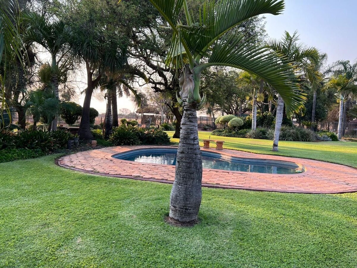 A tranquil outdoor area features a circular pool surrounded by lush green grass and palm trees. The space is complemented by neatly trimmed hedges and garden beds, creating a serene environment for relaxation.