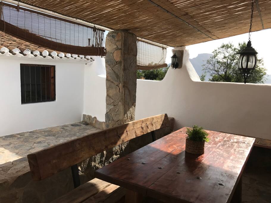 Outdoor dining with view.