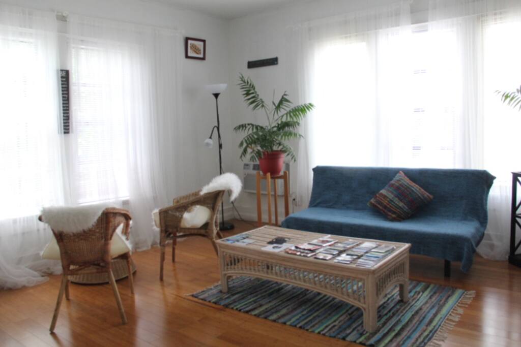 Corner unit lots of natural light. Added seating with futon folding out into a full size bed.