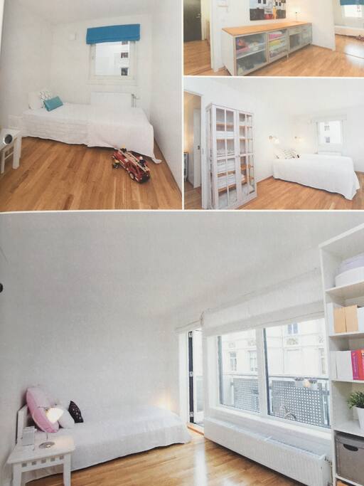 Bedrooms. The furniture is partly different. The biggest bed is 180x200, the other double bed is 120x200. A lot of closet space. One of the bedrooms has a work desk.