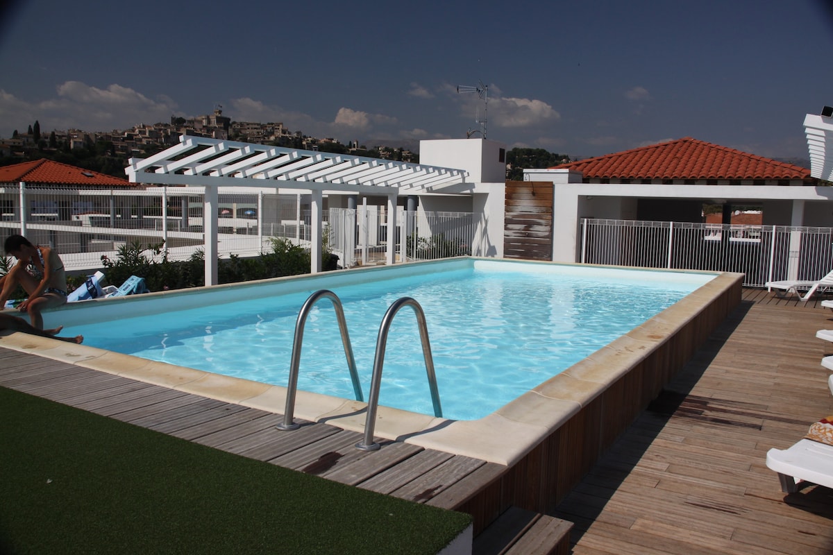 The rooftop solarium pool is framed by wooden decking and artificial grass, inviting relaxation. A few sun loungers are positioned nearby, and a distant view of the surrounding hills is visible under a clear blue sky.