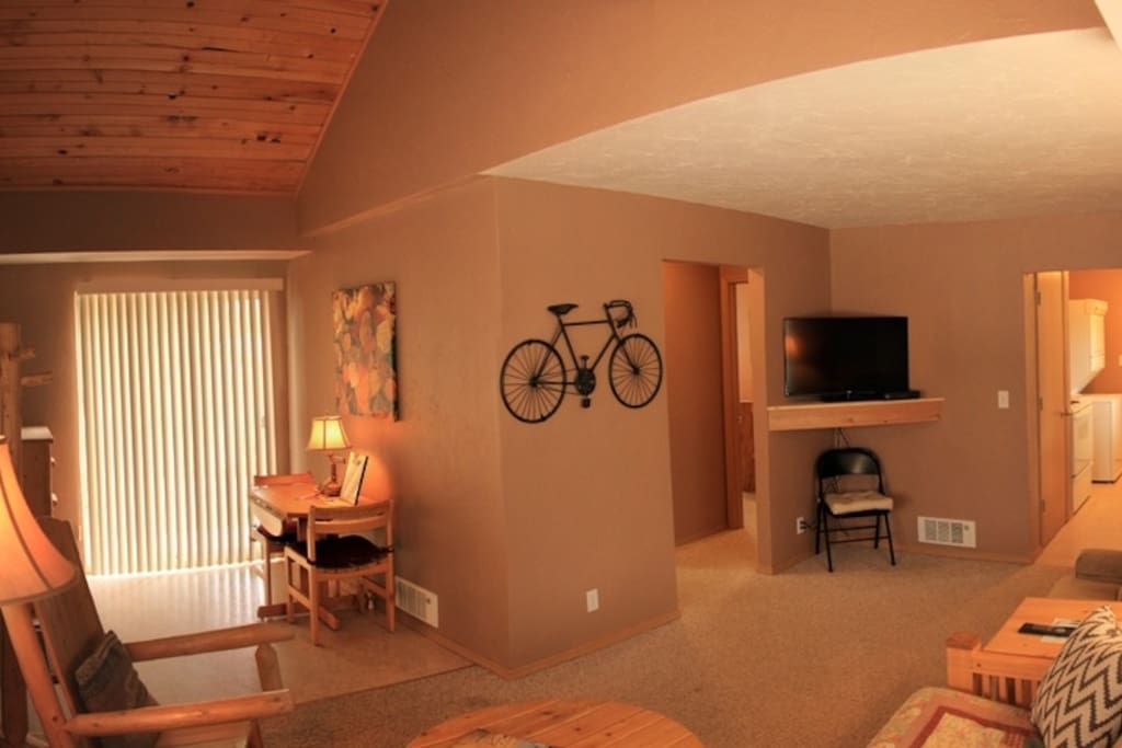 Living area with access to patio, pull out bed, fireplace, TV, WiFi