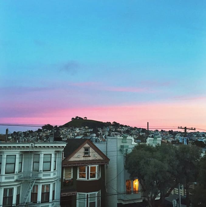 The view of Bernal Heights from our Rooftop in Noe Valley is a great place to watch the sunset.