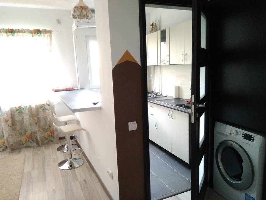 The room, kitchen and part of the wardrobe with the washer.