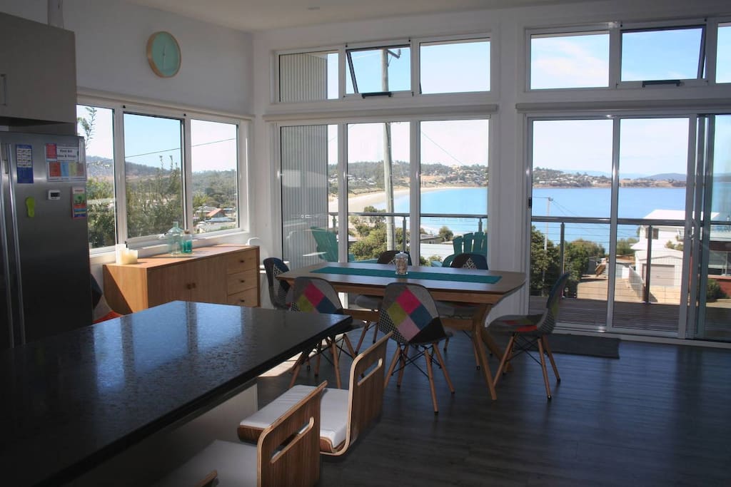 Panoramic view from kitchen, dining and living areas