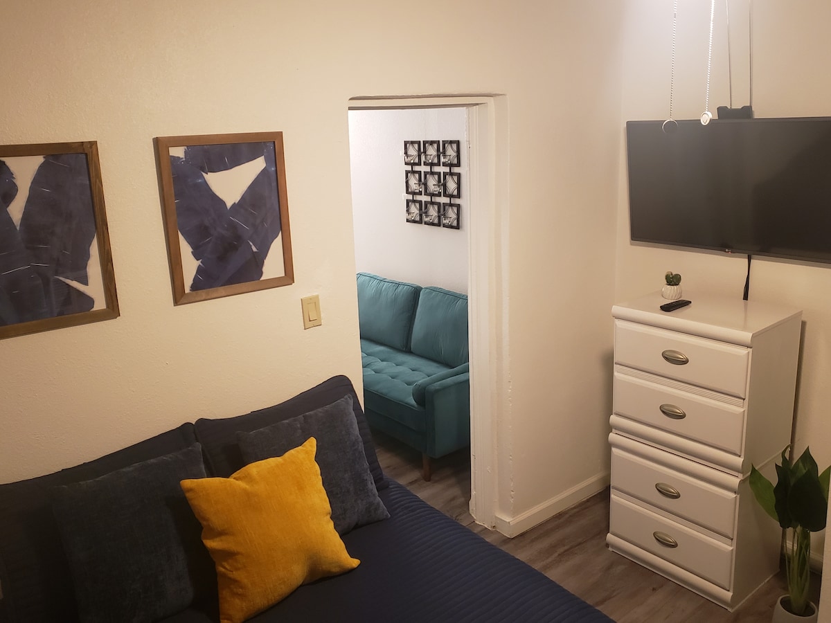 The cozy studio apartment features a spacious bed with decorative pillows, complemented by two framed artworks on the wall. A television is mounted nearby. A separate seating area with a teal couch is visible in the background, along with a white dresser adorned with a small plant.