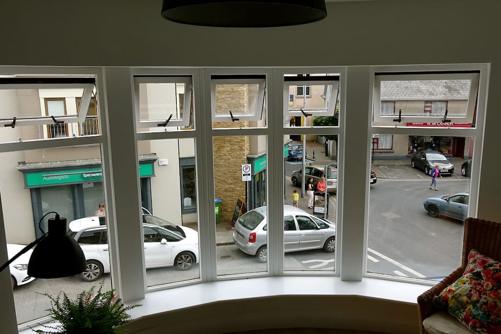 Bay window view of town.