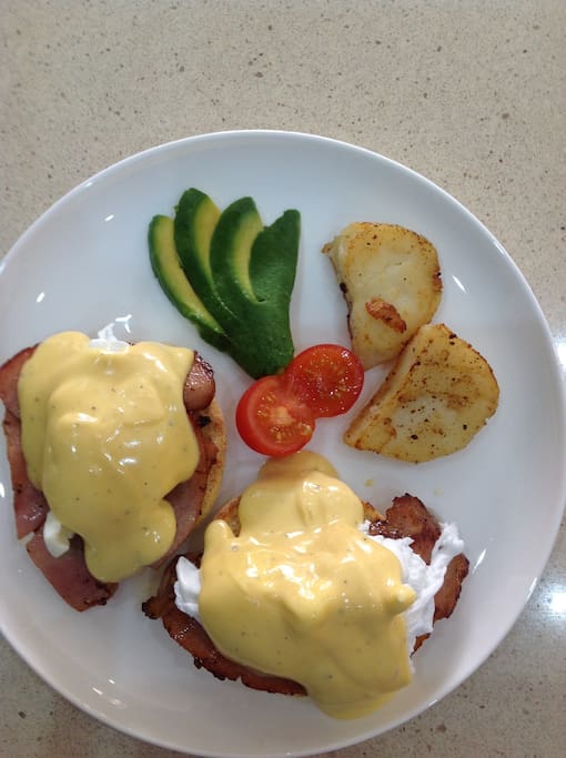 Breakfast included FREE, this is a guest's Eggs Benedict (house specialty). All breakfast are cooked to order.