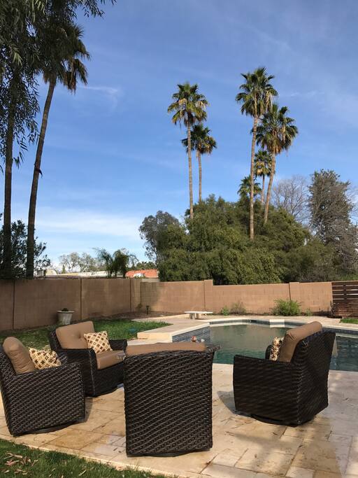 The fire chat by the pool not only gives you the warmth but also brings friendship and fun time.