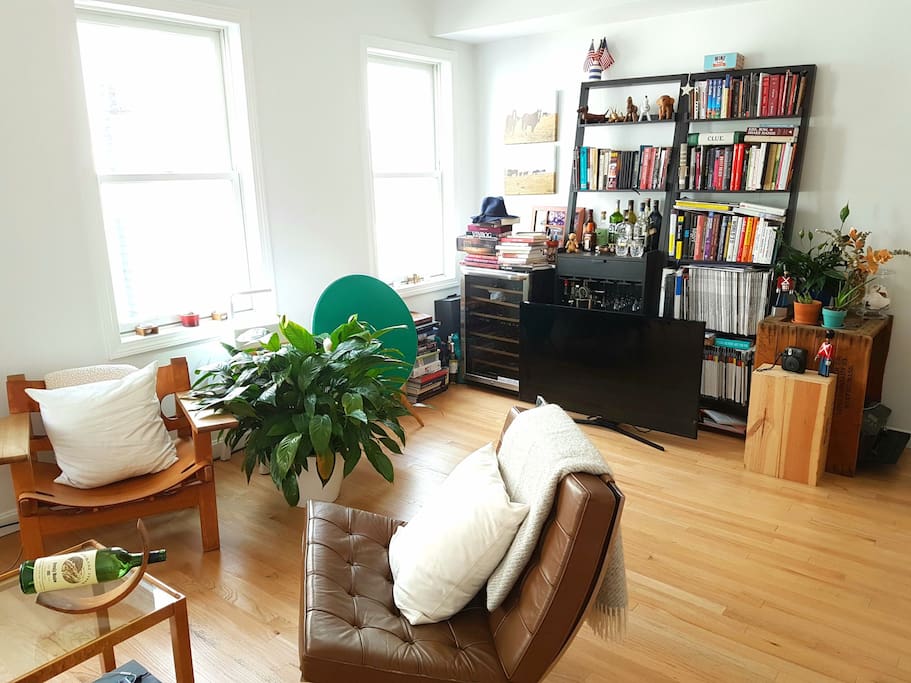 living room with tv, books, magazines, plants, comfy chairs... everything you need to relax!