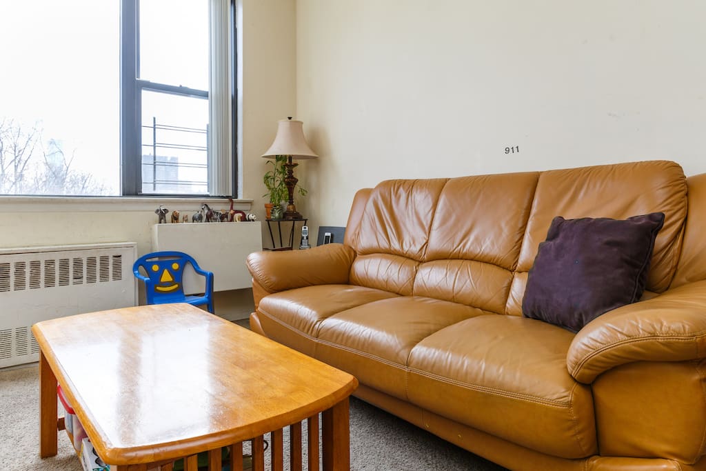 Relax in the Living Room and enjoy uninterrupted views of Central Park. There's Wifi, Directv with DVR, a BOSE speaker with AUX cord to play music from your phone, Wii loaded with Netflix, YouTube, Hulu Plus and much more! There's also a home phone guests can use to call all 50 states for FREE.