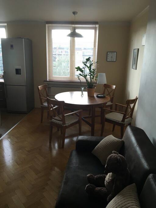 The living room and the kitchen