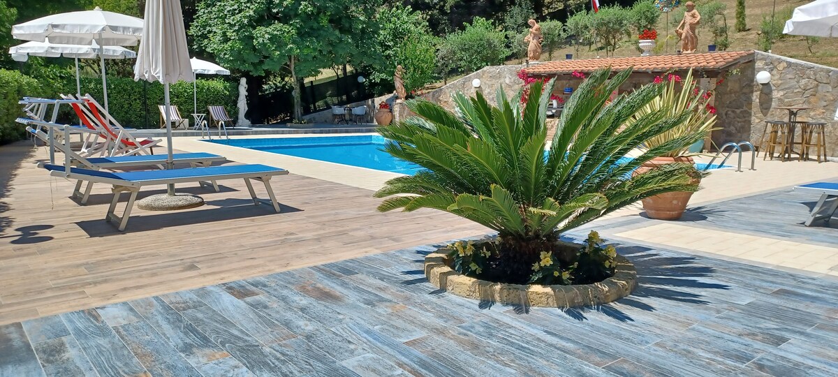 The outdoor area features a swimming pool surrounded by lounge chairs and umbrellas. A decorative palm plant is positioned near the pool, with a stone terrace providing a spacious area for relaxation. Lush greenery enhances the tranquil environment.