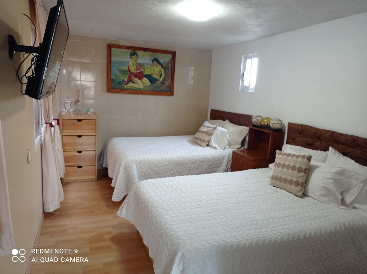 A bright room is furnished with two spacious beds topped with white bedding. A decorative painting hangs prominently above a wooden dresser, which features several drawers and a small lamp. Natural light enters through a window, contributing to the room's airy feel.