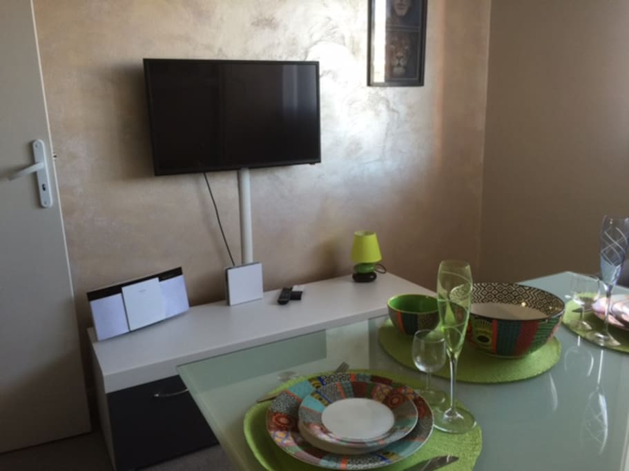 Tele écran plat, enceinte bluetooth, wifi