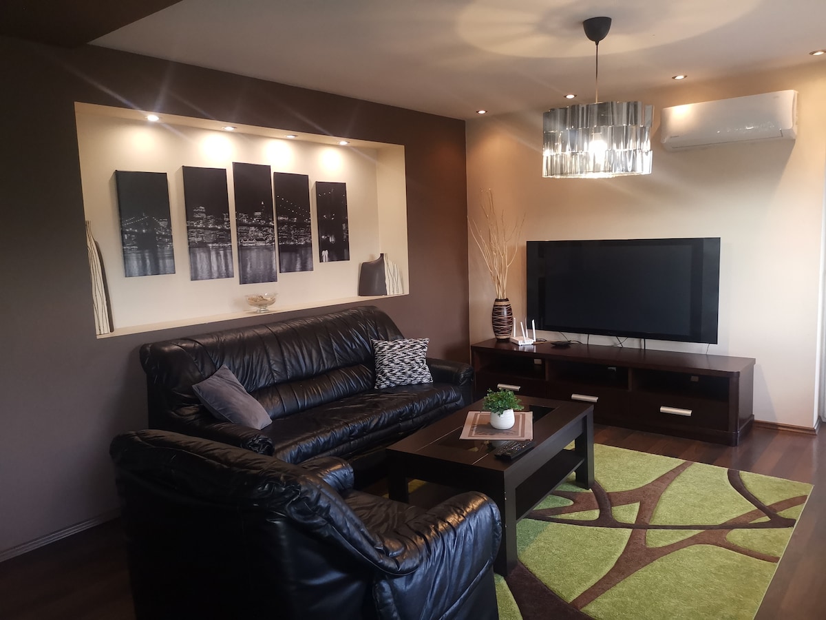 A comfortable living area is furnished with a dark leather sofa set, complemented by a modern coffee table on a patterned rug. The wall features a decorative alcove with framed artwork, and a flat-screen TV is positioned on an entertainment unit. Ceiling lights provide a soft glow.