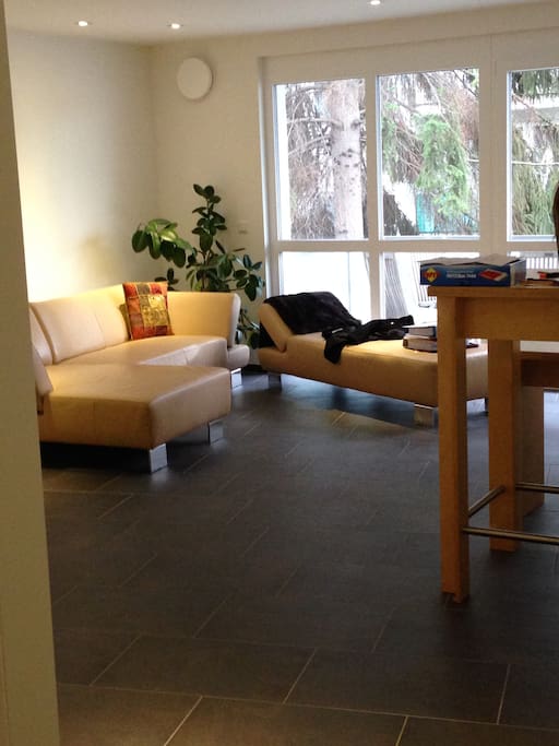 Wohnzimmer mit Couch die auch als zusätzliches Bett genutzt werden kann