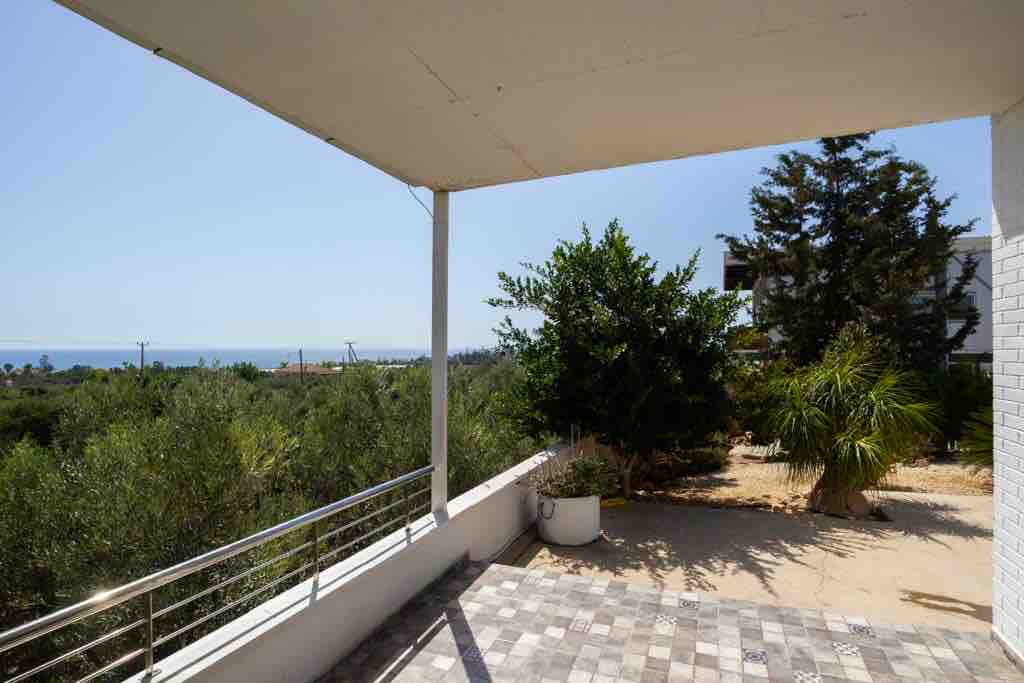 A spacious patio area is seen, offering a view of the sea in the distance. Lush greenery, including fruit trees, surrounds the space, while a paved surface adds texture. The area is illuminated by natural sunlight, enhancing the inviting outdoor setting.