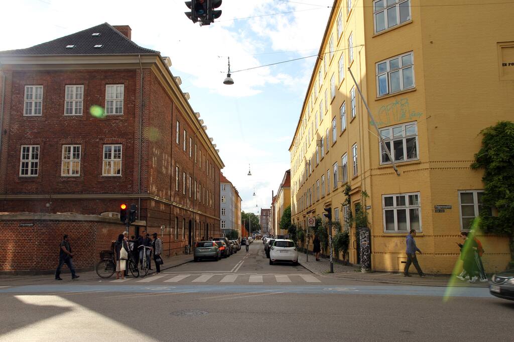 A view down our street _ the apartment is in the yellow building