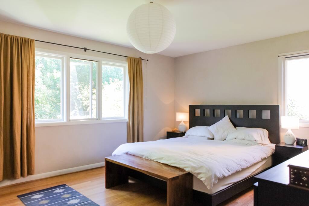 Master bedroom with hardwood floors and American Clay walls