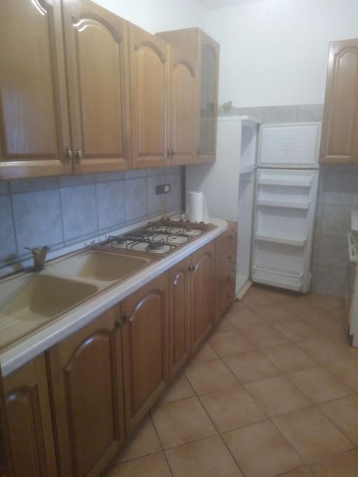 kitchen with 4 burners , 325 litre Refrigerator & storage cabinets