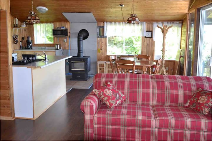 Living room, dining table and open-plan kitchen