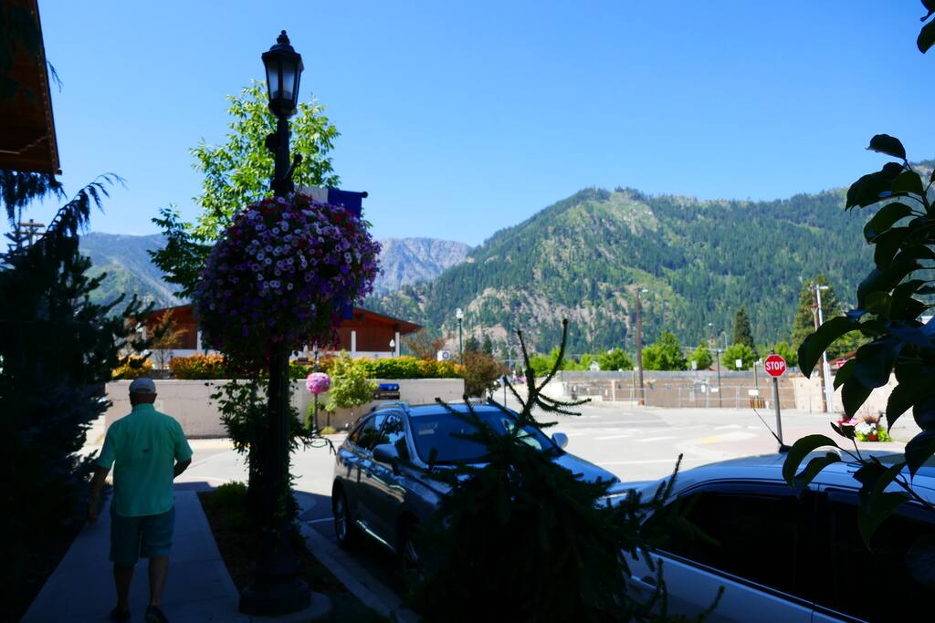 Cascade Mountains in the distance. Viewed from the side of the building