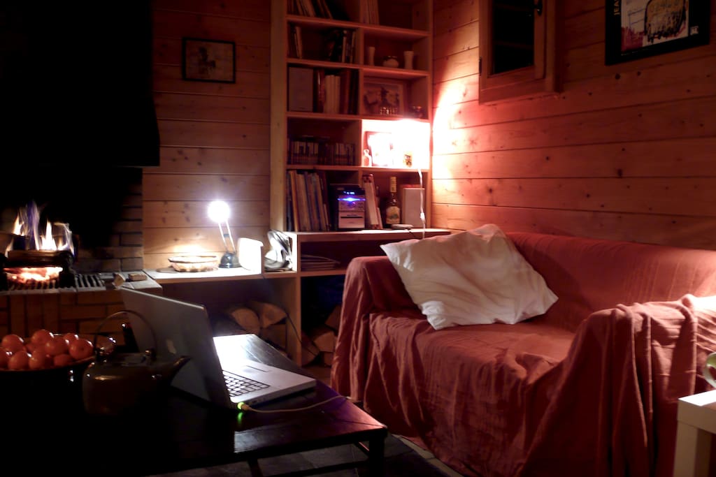 la cheminée et une petite bibliothèque garnie