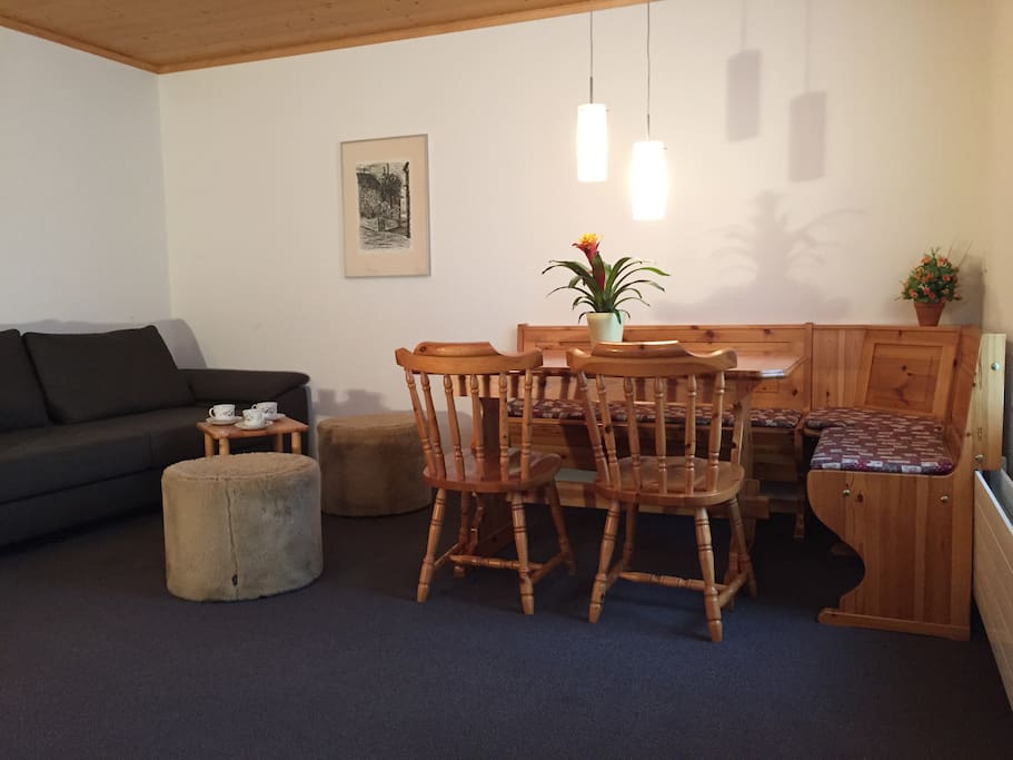 Wohnzimmer mit Bett-Sofa und Tisch