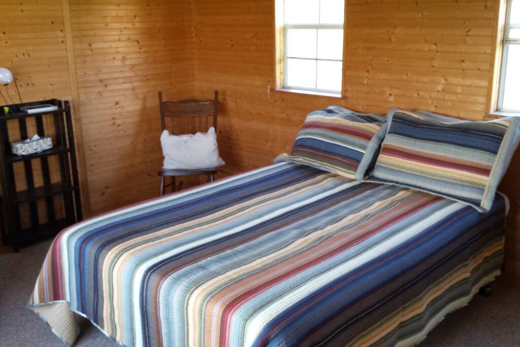 Full bed, leather recliner, cafe table and chairs.