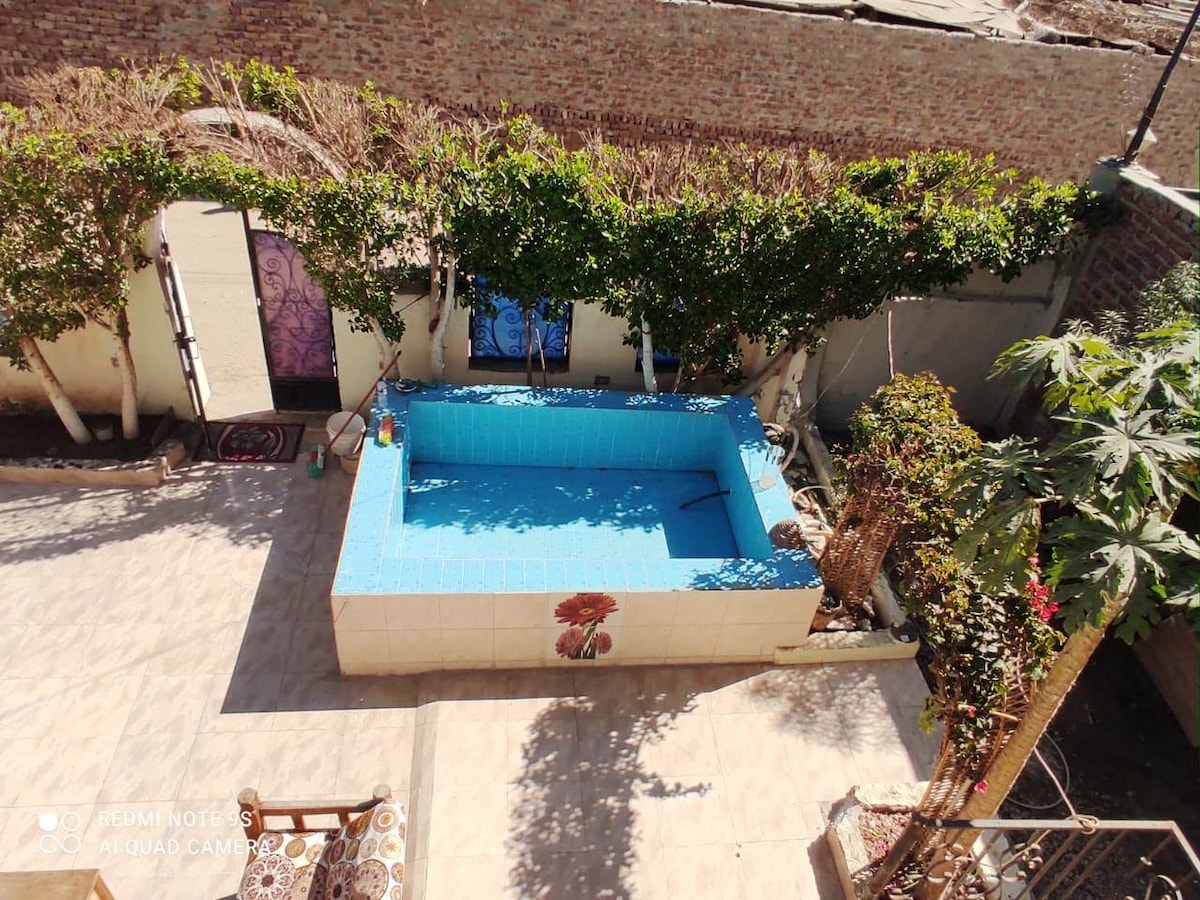 A clear blue pool is surrounded by lush greenery, creating a serene outdoor space. The pool's tiles reflect sunlight, while decorative elements provide a hint of color. Adjacent areas feature tiled flooring and a few outdoor seating arrangements under a shaded area.