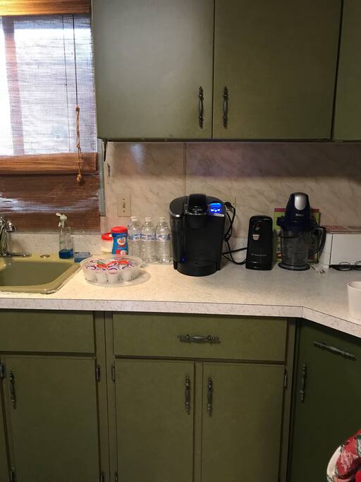 Coffee available and welcome to use all appliances. It’s a Keurig coffee maker and please use only bottled water to refill reservoir. ( bottled water is provided).