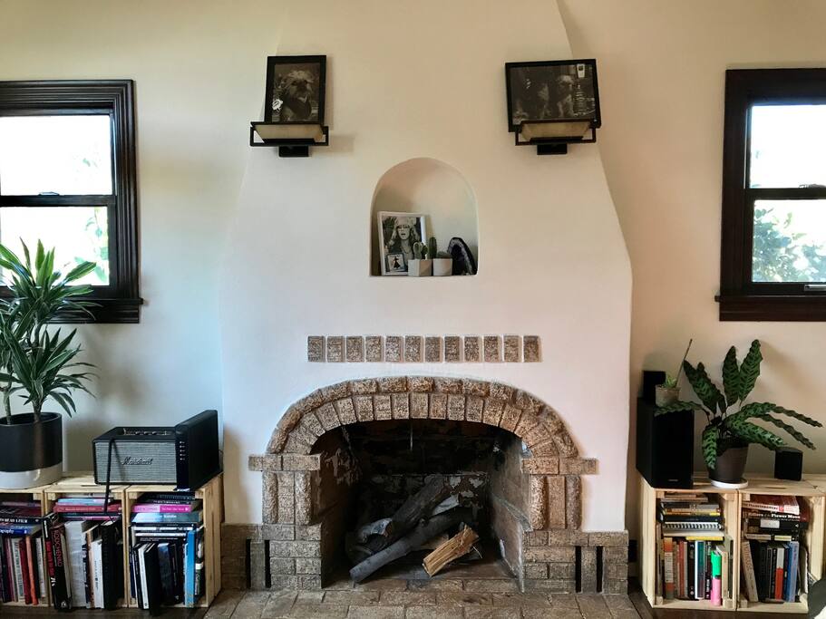 Fire place, Marshall Bluetooth speaker, Art books galore