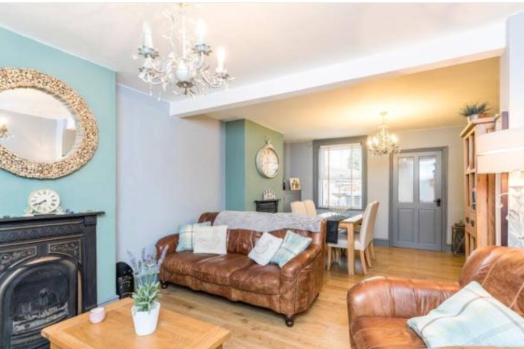 Open plan living room with fire