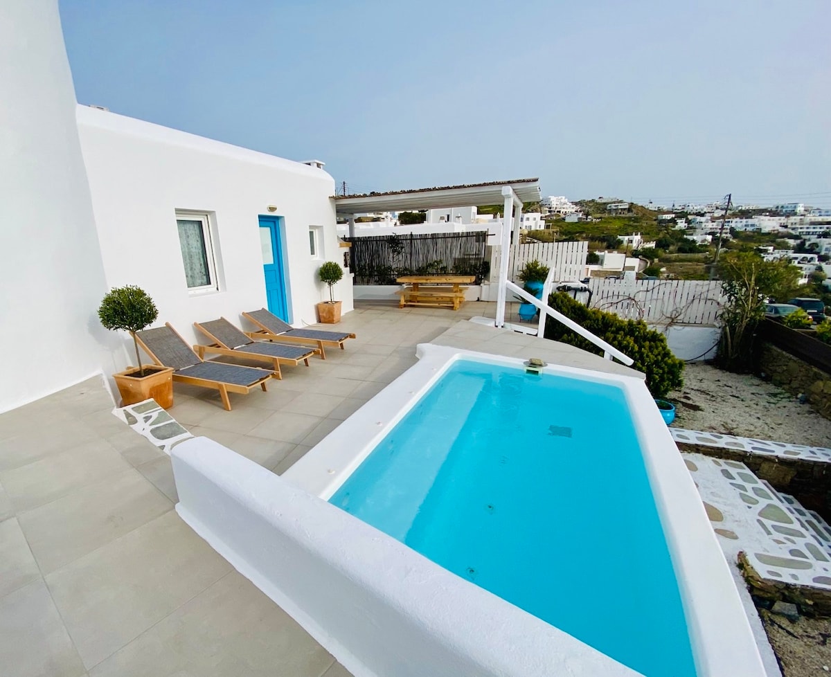 An outdoor area features a private pool surrounded by a spacious terrace. Sun loungers are arranged neatly beside the water, and a few potted plants add greenery to the setting. A white wall and door contrast with the light-colored paving tiles, enhancing the serene atmosphere.
