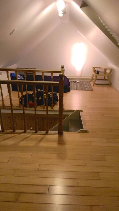 Your cozy 3rd-floor room with skylights. It also opens onto the roof deck.