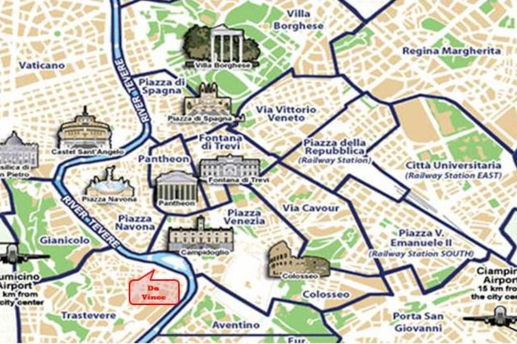 Map of the centre and position of Da Vince apartment