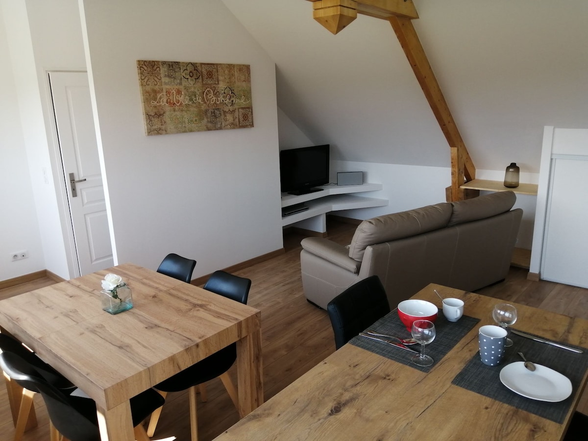 A bright living space is shown, featuring a comfortable sofa and a flat-screen television mounted on a wall shelf. A wooden dining table is set for meals, accompanied by black chairs. Light wood beams accentuate the ceiling, enhancing the spacious feel.
