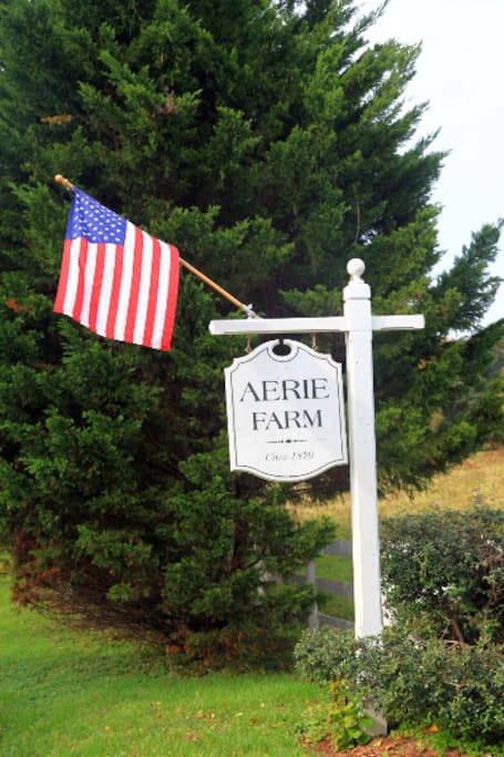 Aerie Farm roadside sign and constant flag
