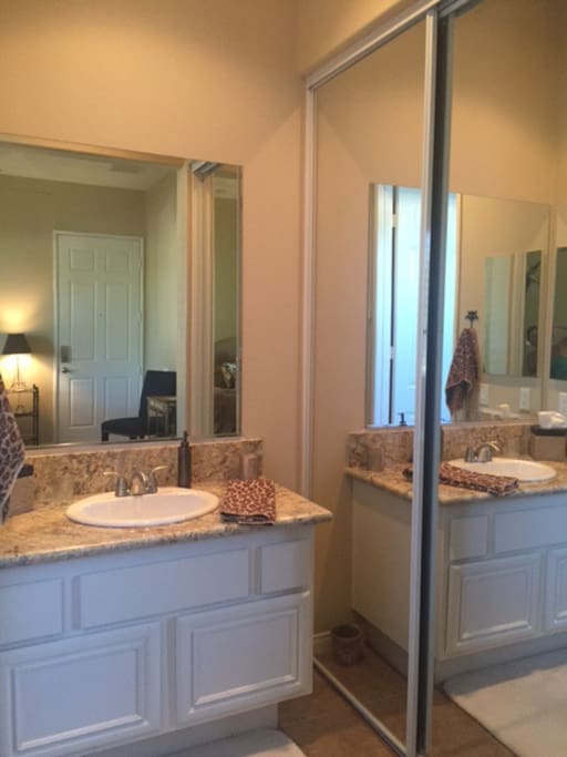 Vanity is open to the room. To the left is private the toilet and shower. A large closet is to the right.