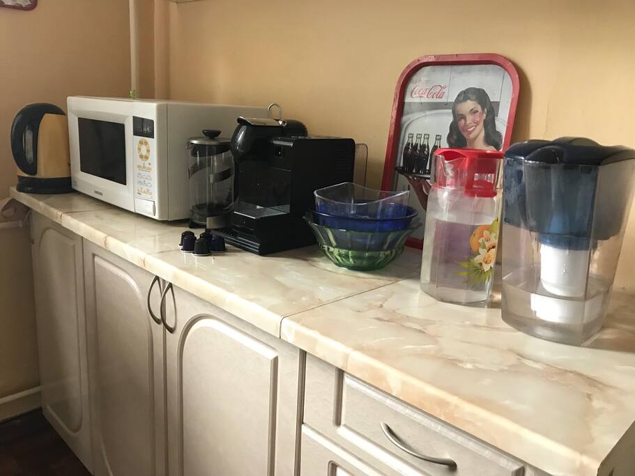 Teapot, Microwave oven, Nespresso with welcome capsules