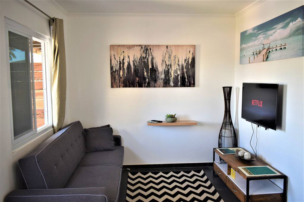 Comfy sofabed. 4k Sony Smart TV with cable TV and Netflix button.