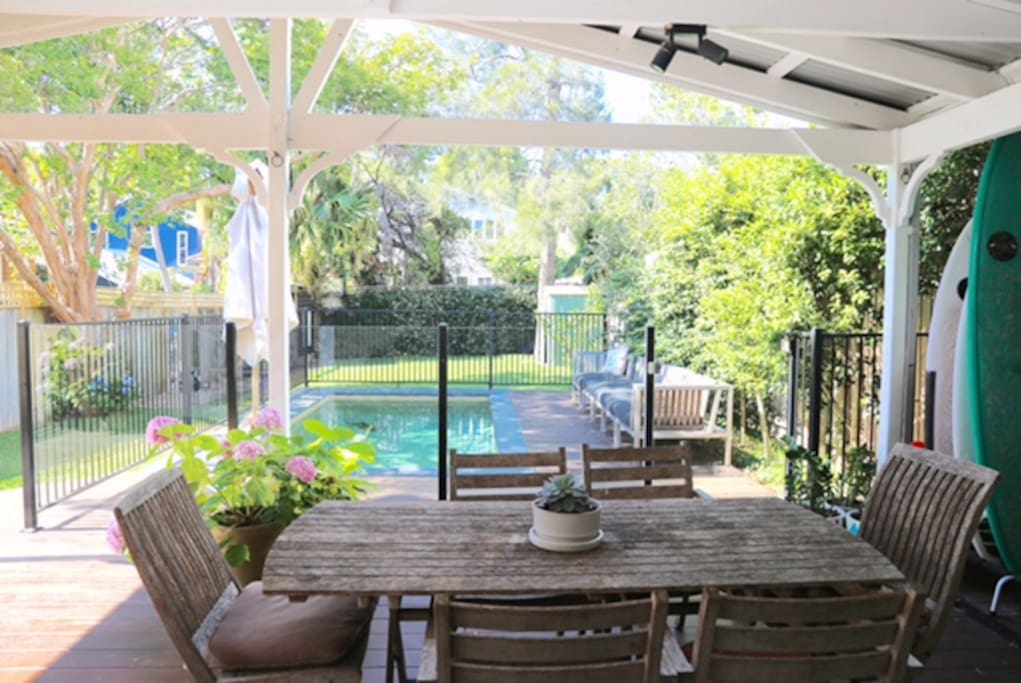 Deck onto pool and backyard