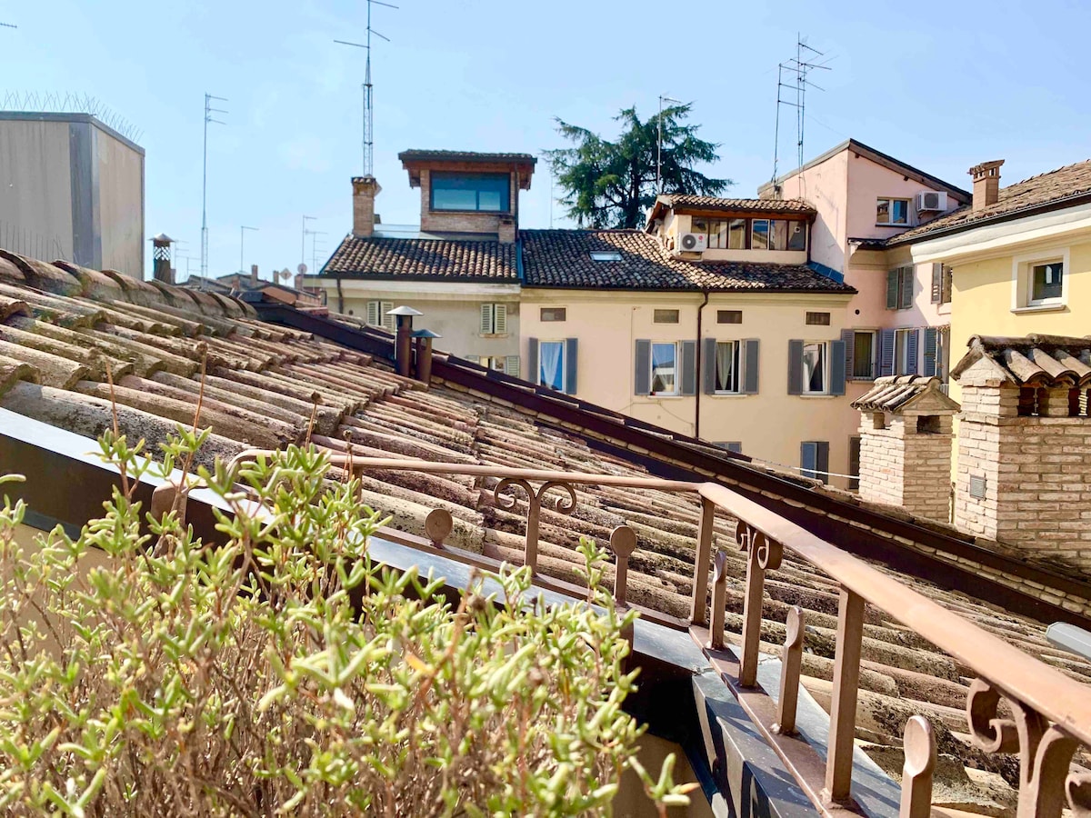 A view from the terrace reveals rooftops of historic buildings, with terracotta tiles and unique architectural features. Greenery adds a natural touch, complementing the charming skyline of Parma under a clear blue sky.