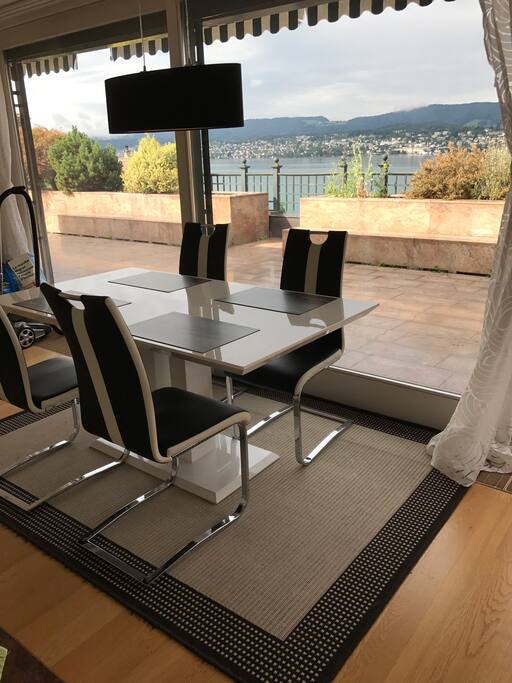 A view to the lake from the kitchen and dining area.