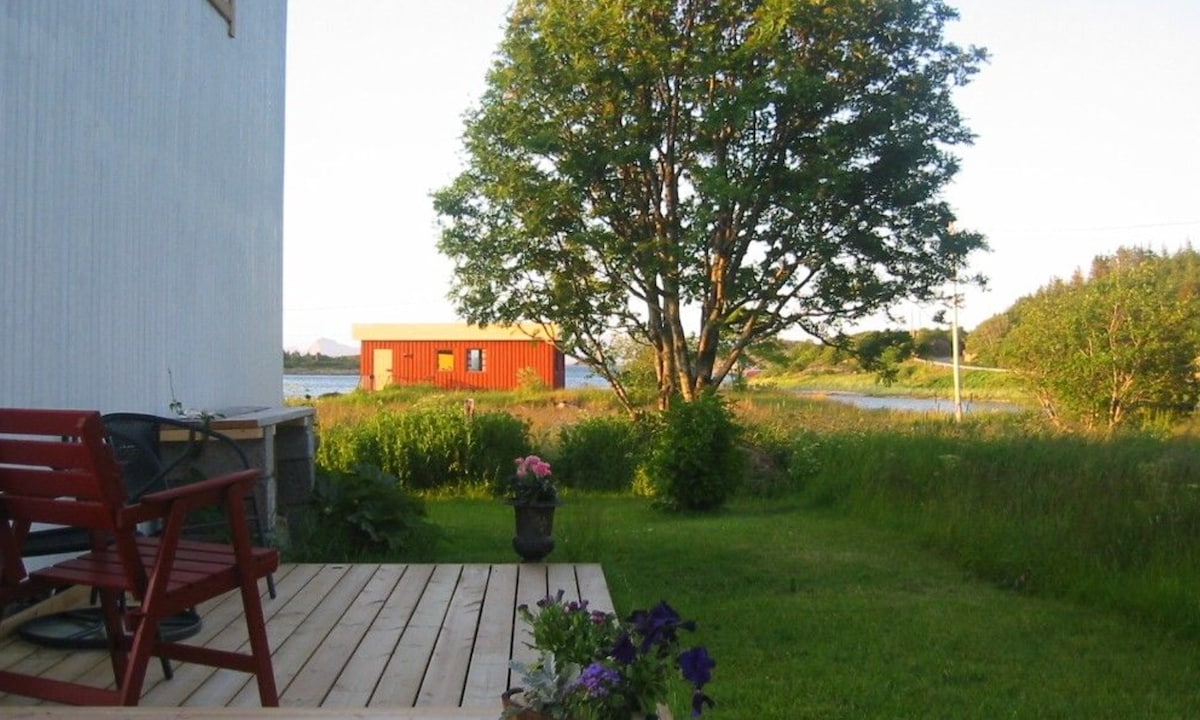 A wooden deck features a red chair and a potted plant, offering a view of a large green tree and a red building in the distance. Surrounding vegetation includes grass and wildflowers, with a waterway visible beyond the greenery.