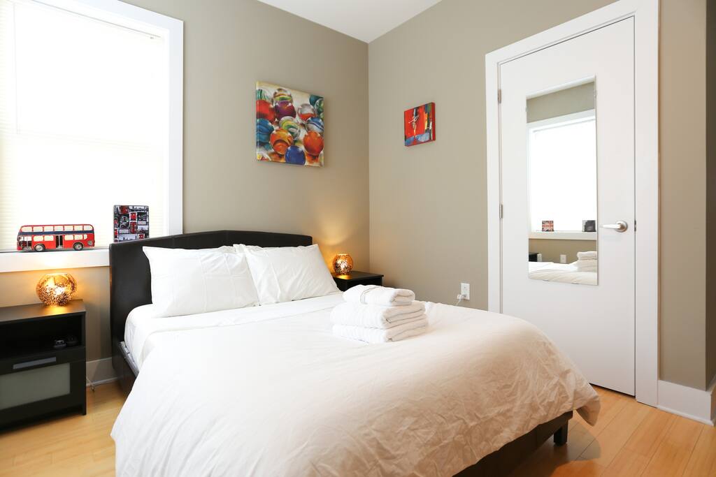 Full size bed with comfortable memory foam mattress.