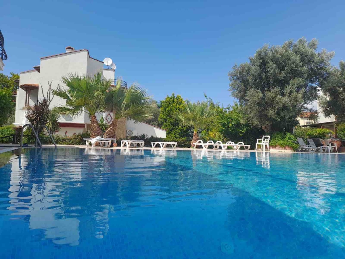 A large outdoor pool glistens under clear blue skies, surrounded by palm trees and lush greenery. Lounge chairs are neatly arranged around the pool area, creating an inviting space for relaxation.