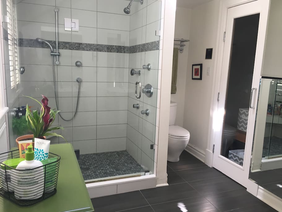 Master bathroom with walk-in shower and double sinks