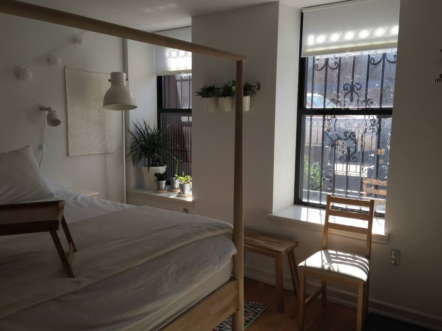 We wanted to create a space where guests could feel at home, so we added copious amounts of lighting, soft sheets, and a memory foam mattress.